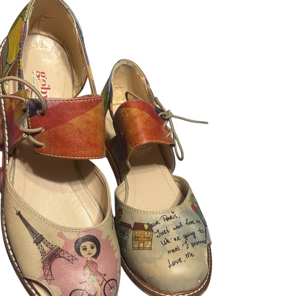 Goby Paris Illustration Leather Lace Up‎ Peep Toe Flats Multicolor EU 38 - Picture 6 of 9